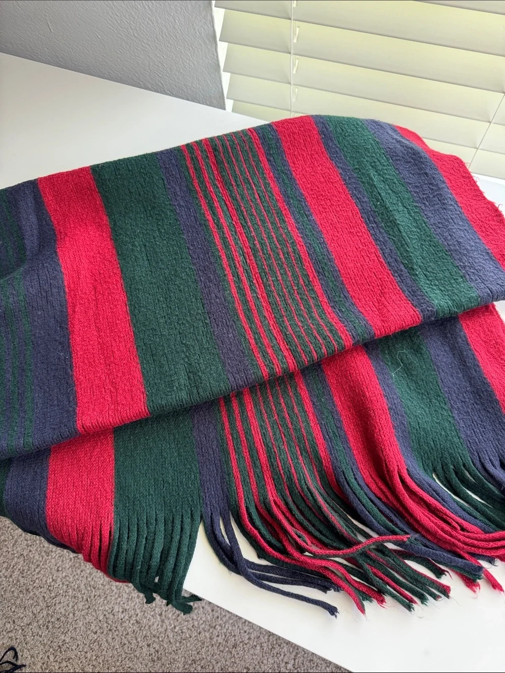Striped Fringe Scarf in Red, Green & Navy